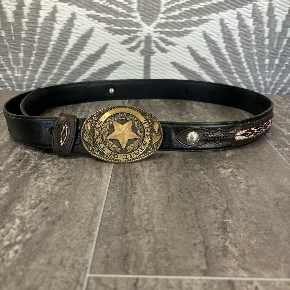 Vtg Tony Lama State of Texas Brass Buckle Western Leather Belt Concho 48” Aztec - Picture 10 of 14